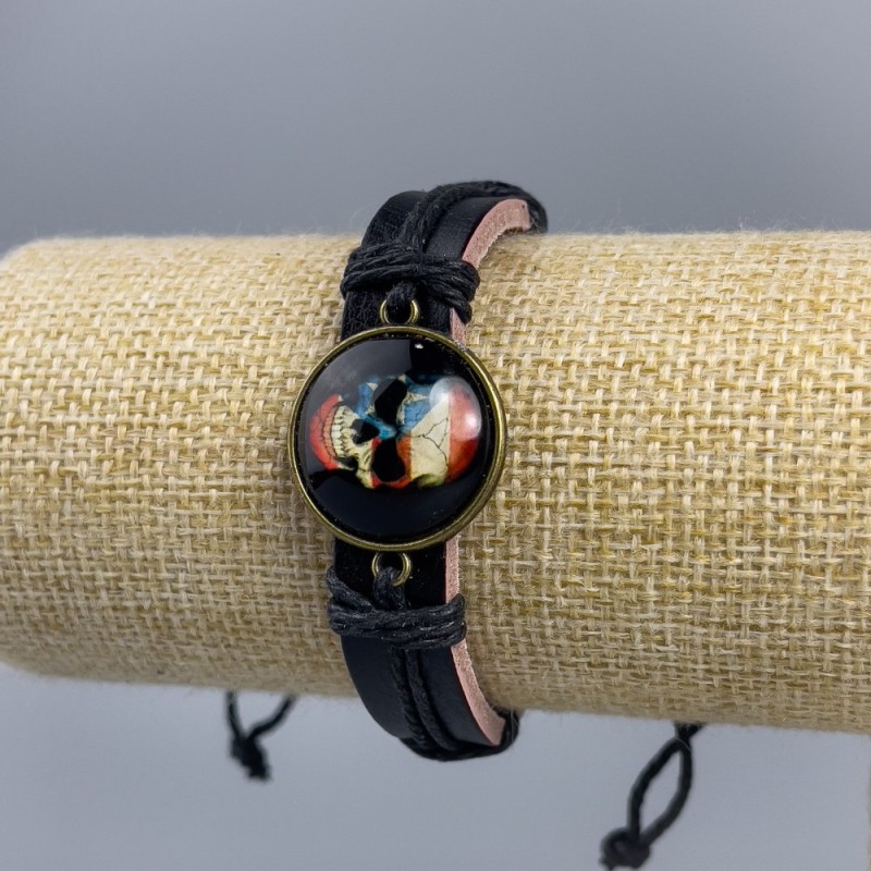 Eco Leather Bracelet with Skull and Flag on Adjustable Strap 1pc
