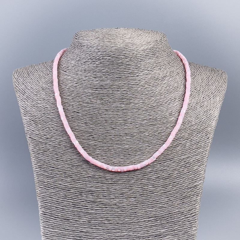 Choker Necklace of Natural Mother-of-Pearl (toned) Pink Smooth Rondelle Beads, diameter 4×2 mm ±, length 48 cm ±