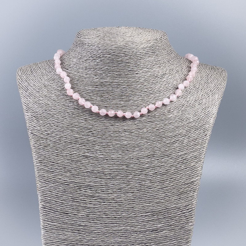 Natural Stone Necklace Rose Quartz Faceted Round Bead, 6mm diameter, 50cm length