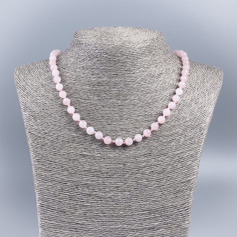 Necklace with natural stone Pink Quartz smooth bead, diameter 6-7mm±, length 50cm±