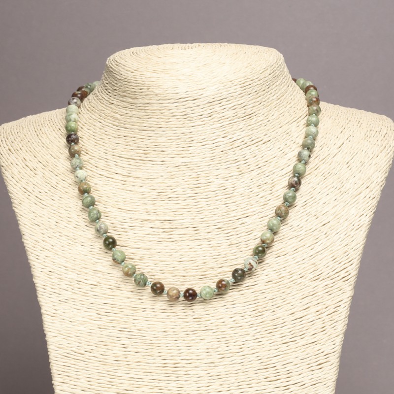 Necklace of Natural Stone Green Jasper Smooth Beads, 6mm diameter, length 45cm