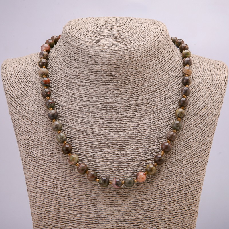 Jasper Picasso Necklace, natural stone, smooth round beads 8mm diameter, 45cm length +