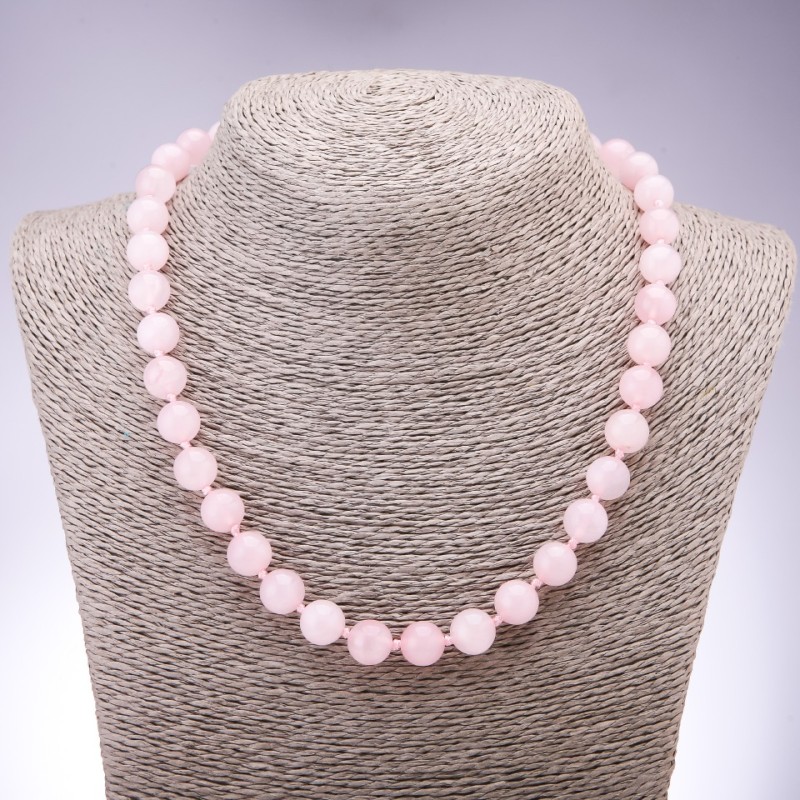 Necklace made of natural stone: Pink quartz smooth bead, 10mm diameter, 47cm+ length