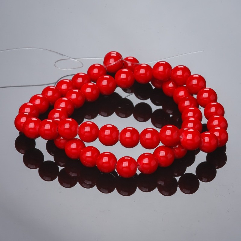 Coral (Pressed) Beads on Fishing Line, Smooth Round, Diameter 8mm +/-, Length 37cm+