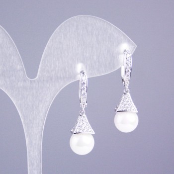 Earrings Xuping Rhodium with White Crystals and Mallorca Pearl 30x10mm+