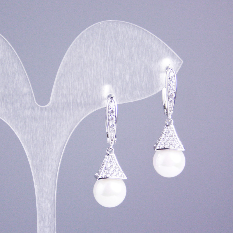 Earrings Xuping Rhodium with White Crystals and Mallorca Pearl 30x10mm+