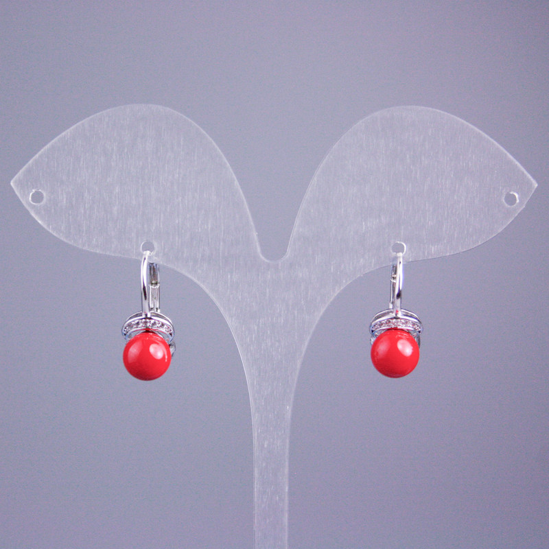 Earrings Xuping Rhodium with White Crystals and Red Bead 17×8 mm+