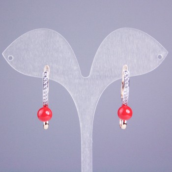 Earrings Xuping 18K Gold Plating with White Crystals and Red Bead, 30x8 mm