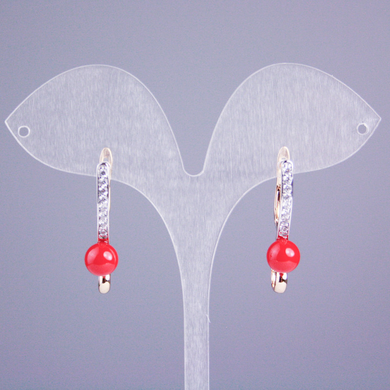 Earrings Xuping 18K Gold Plating with White Crystals and Red Bead, 30x8 mm