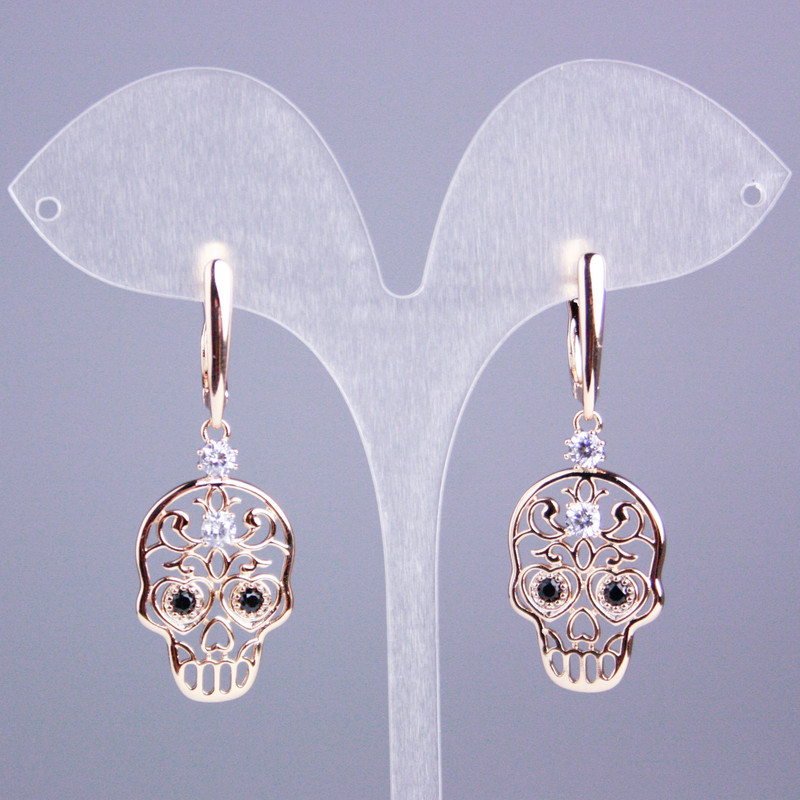 Earrings Xuping 18K Gold Plating with White and Black Stones Skull, length 45mm+