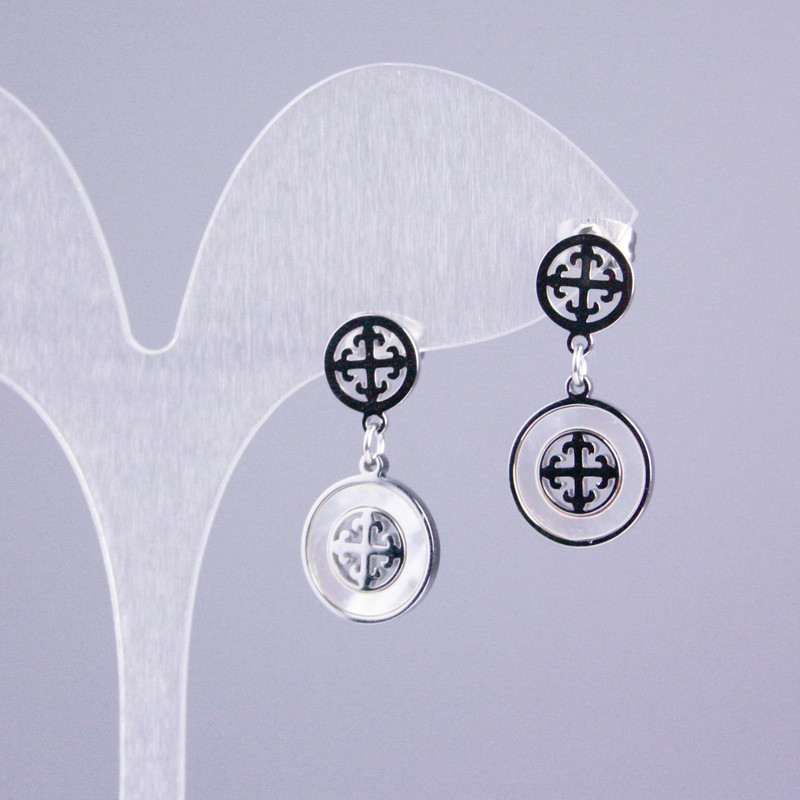 Xuping Rhodium Stud Earrings with Mother-of-Palse Insert Circles, 12mm and 8mm Diameters, 25mm Length