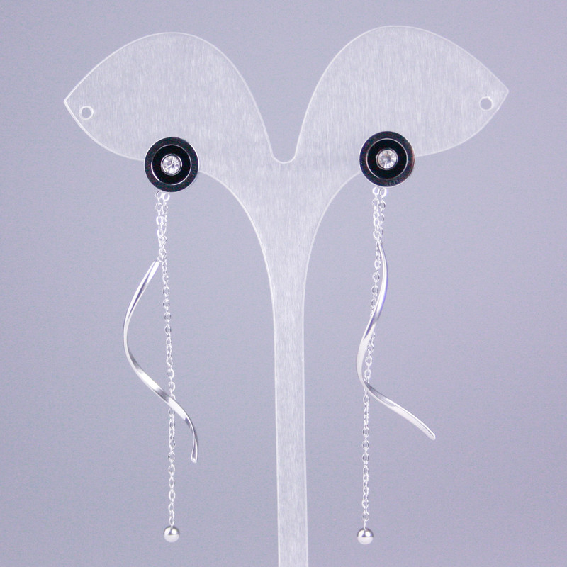 Xuping Rhodium Stud Earrings with Black Enamel Circle, diameter 10 mm± with white stones and chains, length 7 cm+