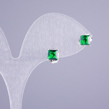 Earrings 'Stud' Xuping Rhodium with green stone 5x5mm Square +-, length 16mm+