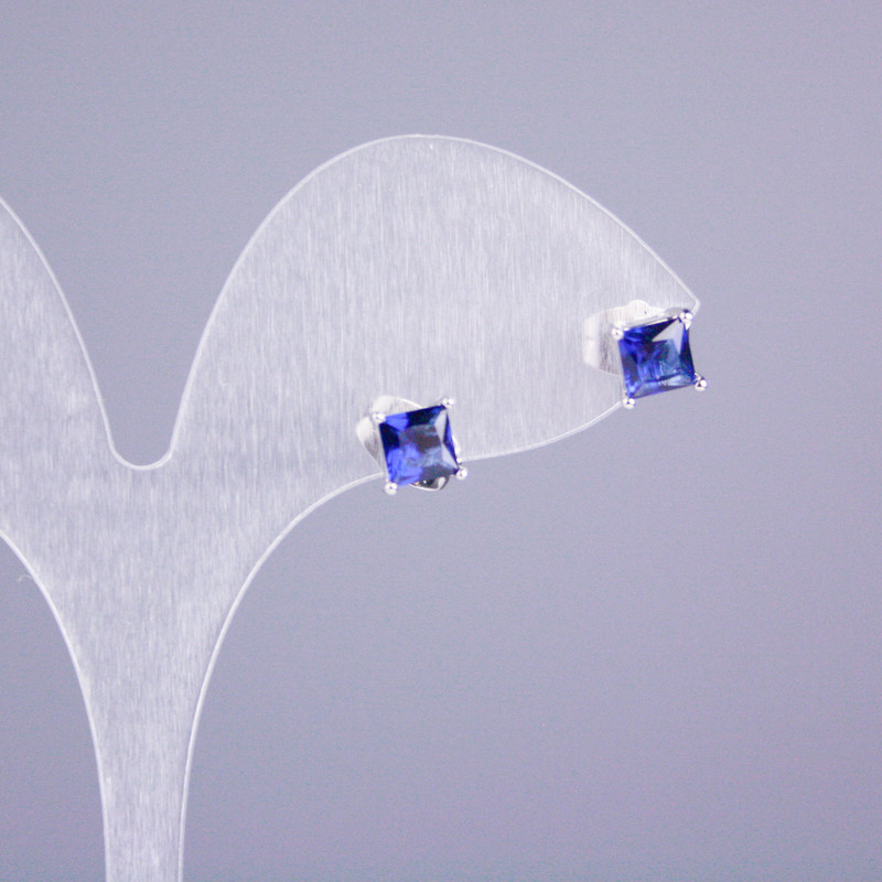 Earrings Stud Xuping Rhodium with Blue Stone 5x5mm Square +-, length 16mm+