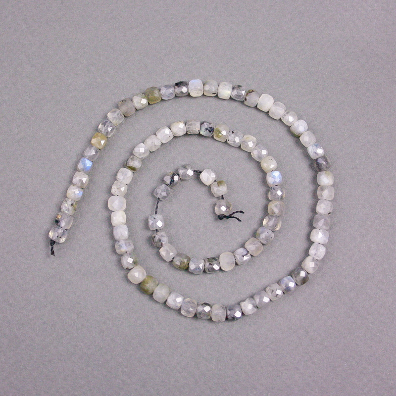 Labradorite Beads on Thread, Natural Stone, Faceted Cube Shape, 4x4 mm ±, Length 39 cm ±