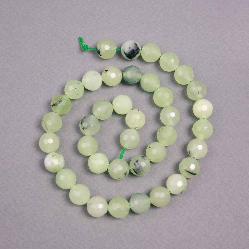 Prehnite Beads on Thread, Faceted Natural Stone Bead, 10mm Ø, 39cm Length