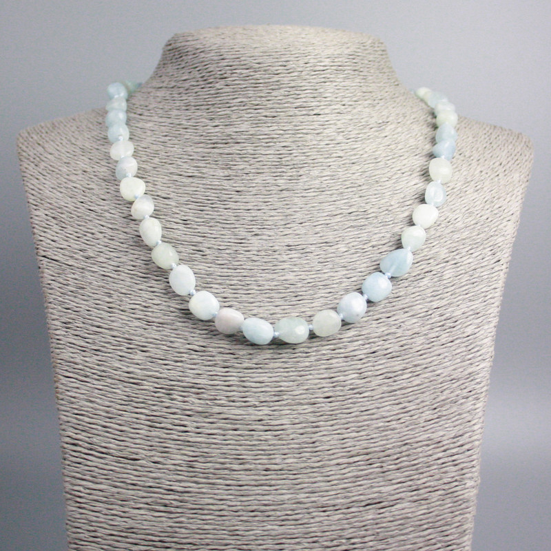 Aquamarine Necklace with Natural Stone, faceted beads, 9x8 mm, length 48 cm