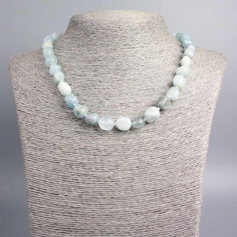 Aquamarine Necklace of Natural Gemstone, faceted beads, diameter 12x9-8x7mm, length 47cm+