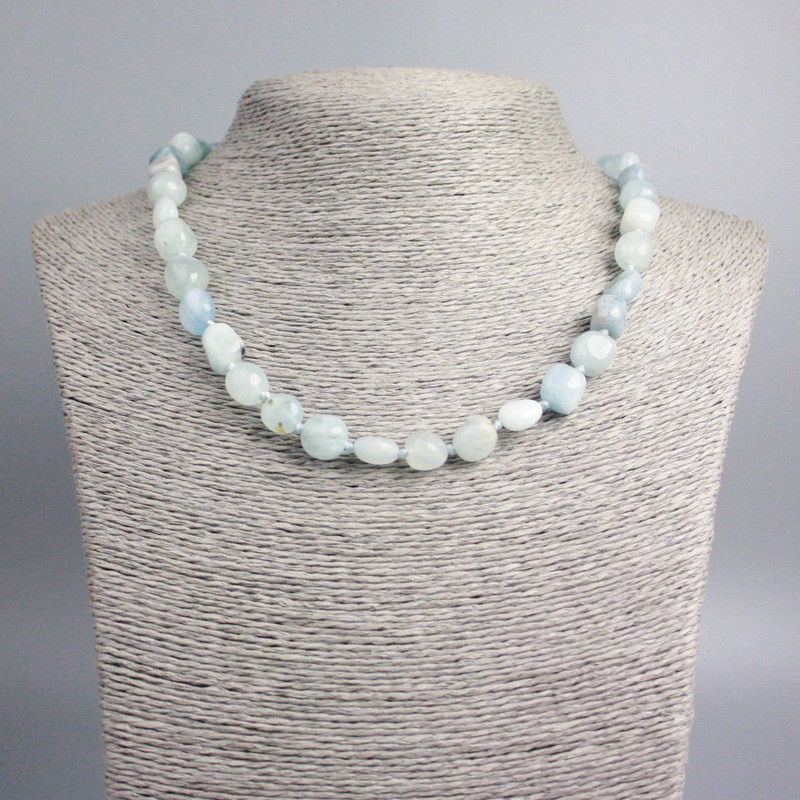 Aquamarine Necklace natural stone faceted beads, diameter 11x9mm+-, length 47cm+