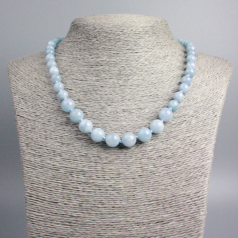 Aquamarine Necklace with Natural Stone Smooth Beads, Size Variations 10, 8, 6mm±, Length 46cm±
