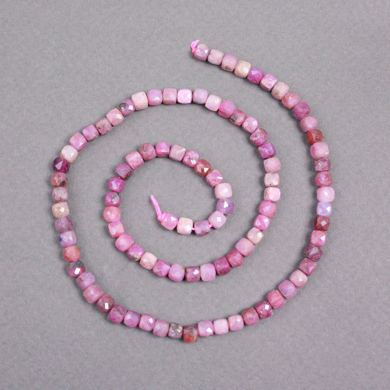 Ruby Beads on Thread, Natural Cut Ruby Cube Beads, 4×4 mm ±, length 39 cm ±