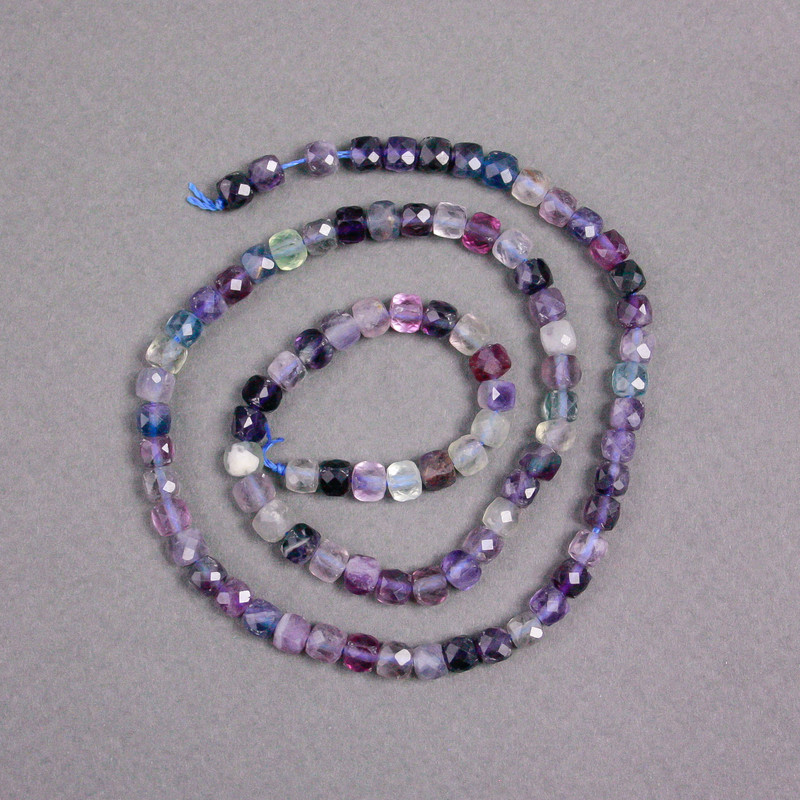 Fluorite Beads on a Thread, Natural Stone, Faceted Cube Shape, 4.5x4.5mm, Length 39 cm