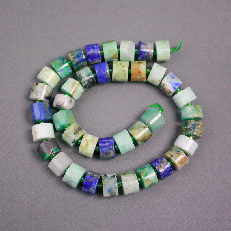 Azurite Rondelle Beads on Thread, 13x9 mm ± with Seed Beads, 2 mm ±, Length 39 cm ±