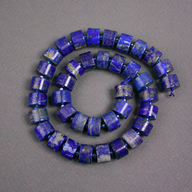 Lapis lazuli rondelle beads on thread, 12x8mm diameter, with beads, 2mm+ beads, length 39cm+