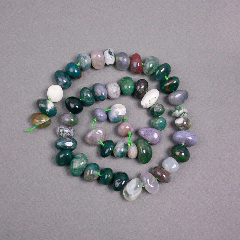 Beads on Thread Moss Agate Natural Stone Faceted, diameter 11x9mm ±, thread length 40cm ±