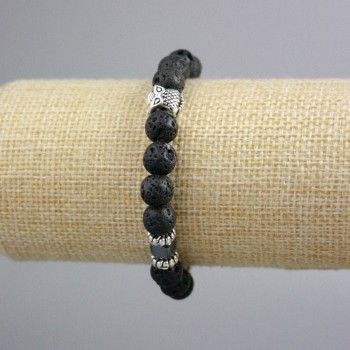 Bracelet Lava Stone Smooth Bead, diameter 8.5 mm +/-, Hematite Cube 6 mm +/- with Silver Inlays, length 18 cm +/- (stretch)