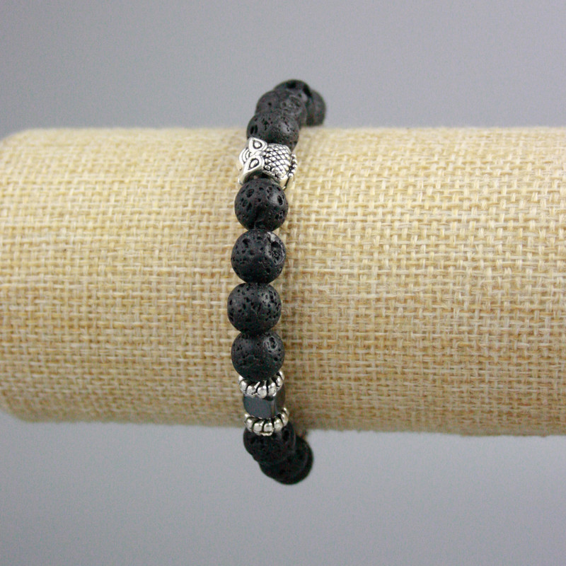 Bracelet Lava Stone Smooth Bead, diameter 8.5 mm +/-, Hematite Cube 6 mm +/- with Silver Inlays, length 18 cm +/- (stretch)