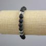 Bracelet Lava Stone Smooth Bead, diameter 8.5 mm +/-, Hematite Cube 6 mm +/- with Silver Inlays, length 18 cm +/- (stretch)