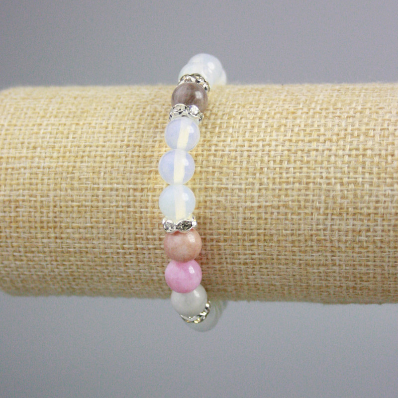 Bracelet Opalite and Jadeite with Strass, Moonstone (Opalite), Multicolor Jadeite Smooth Bead, 8mm ± diameter, 18cm ± length (stretch)
