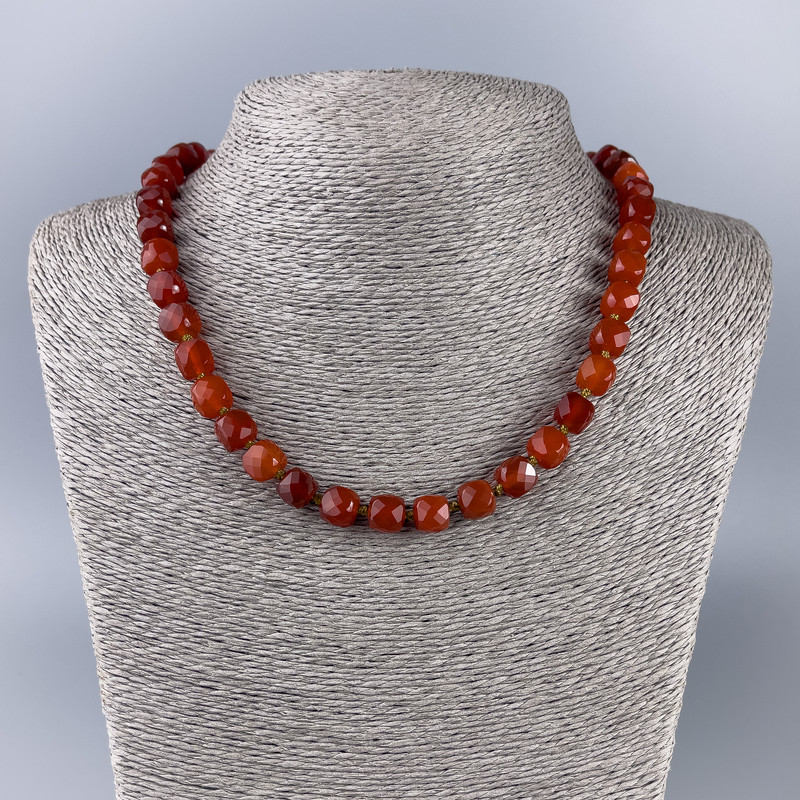 Carnelian Necklace, natural stone, faceted cube, 9x9mm, length 50cm ±