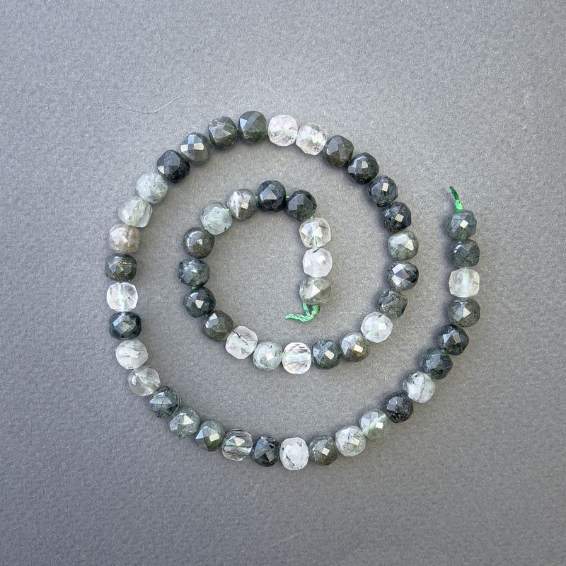 Rutilated Quartz Hairy Beads natural stone faceted cube beads, diameter 7x7mm±, length 39cm± on thread