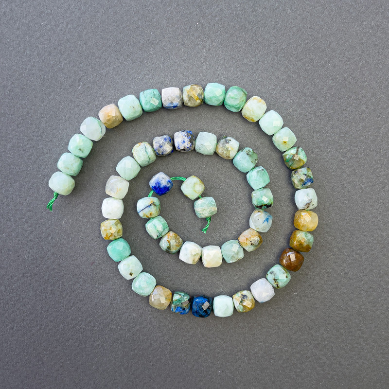 Chrysocolla Turquoise Natural Stone Beads, Faceted Cube 7x7mm, Threaded, 39in (±)