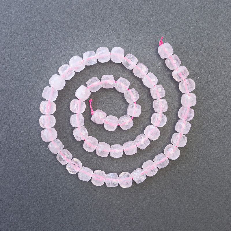Pink Quartz Beads, Natural Stone Faceted Cubes, 7mm diameter, 39cm length on thread