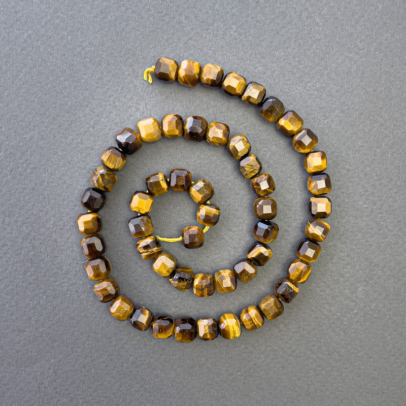 Tiger's Eye Beads, Natural Stone, Faceted Cubes, 7mm x 7mm, Length 39cm on Thread