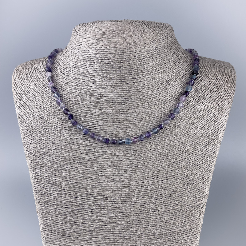 Fluorite Necklace with Natural Stone, Faceted Cube Beads, 4.5x4.5 mm, 51 cm chain