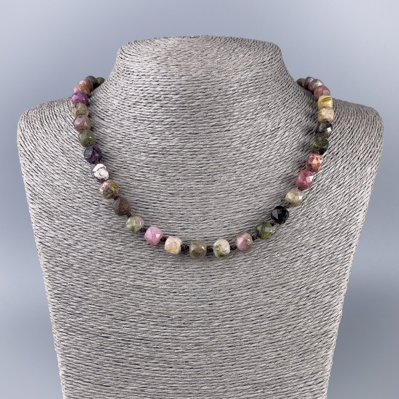 Natural Tourmaline Bead Necklace, faceted cube stone, 8x8 mm, length 50 cm