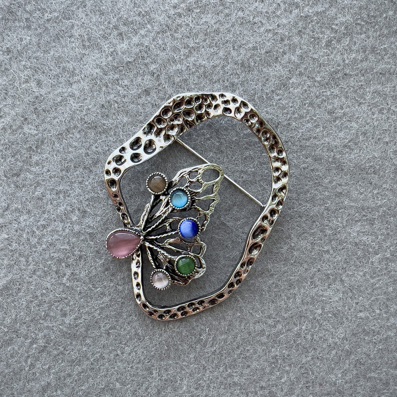 Brooch Butterfly Cat's Eye Multicolor Silver Tone 55×43mm+