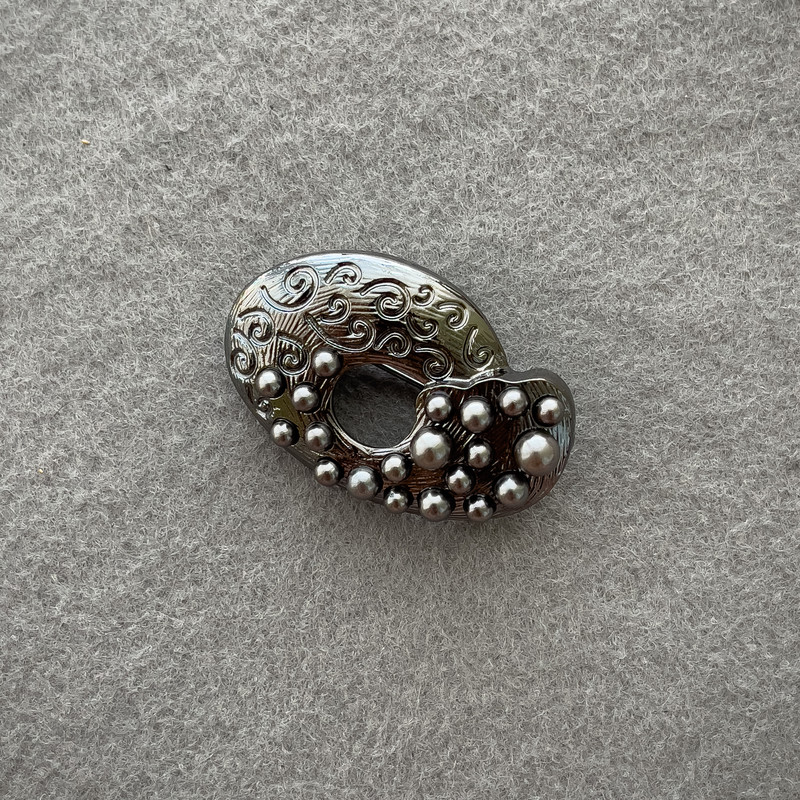 Brooch Accent with Gray "Pearls", dark-silver metal 40x25mm +
