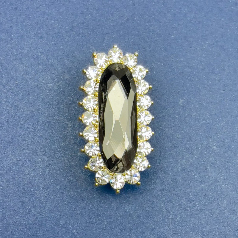 Brooch Accent with Gray Crystal and White Rhinestones, Gold-Tone Metal 36×18 mm +