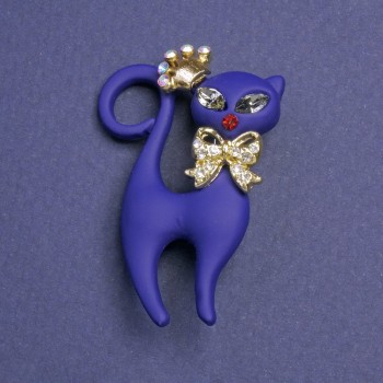 Brooch Cat (Matte Blue) with Rhinestones, Silver-tone Metal 43x29mm+