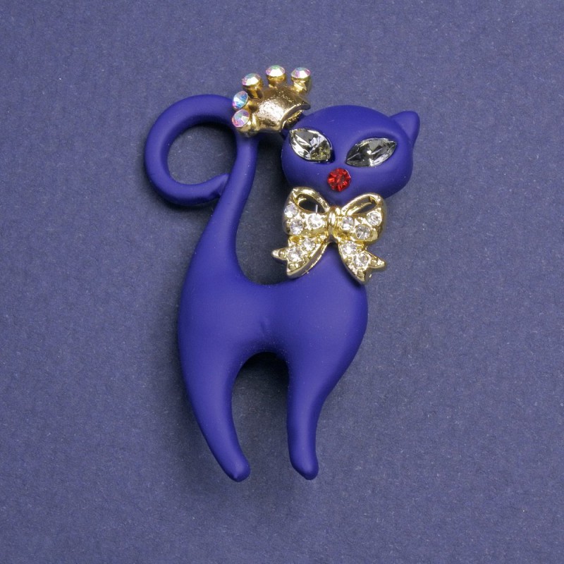 Brooch Cat (Matte Blue) with Rhinestones, Silver-tone Metal 43x29mm+