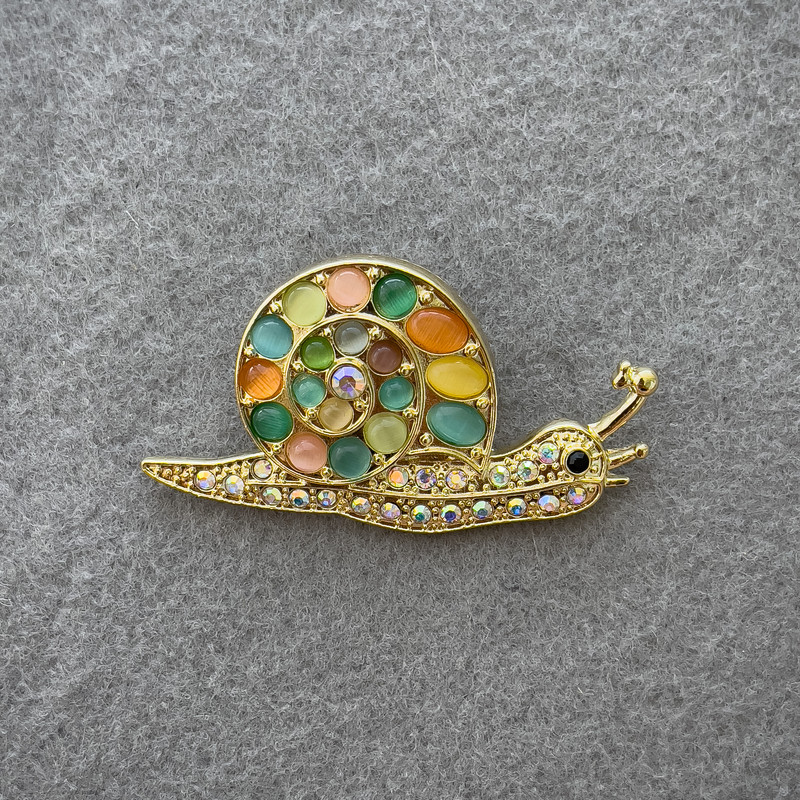 Brooch Snail with Multicolor Cat's Eye and Crystals Light-Gold Metal 28x55mm+