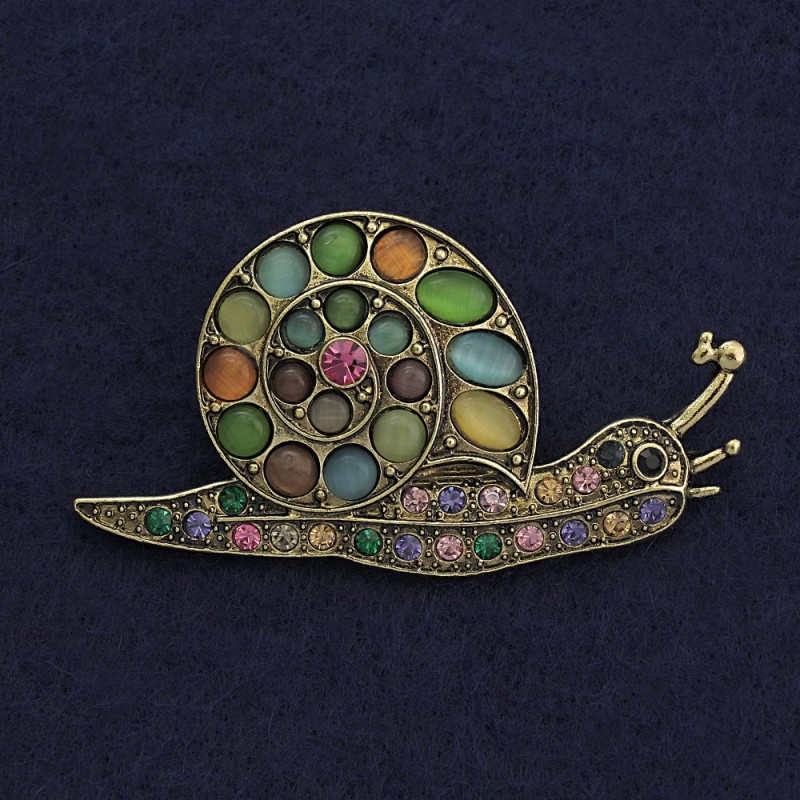 Brooch Snail Multicolor Cat's Eye with Crystals Golden Metal 28x55mm+