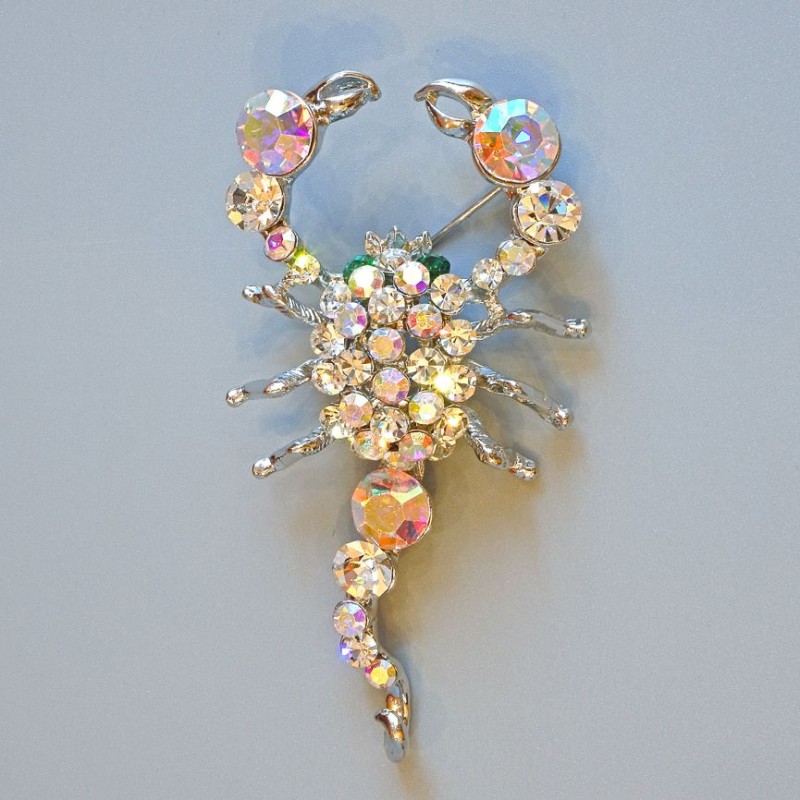 Scorpion Brooch with White and Green Rhinestones, Silver Metal 70x37mm+