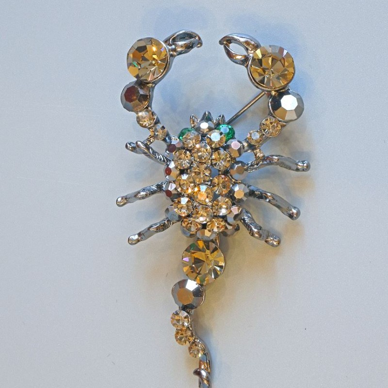 Brooch Scorpion with Gray and Green Rhinestones on Dark Silver Metal 70x37mm+