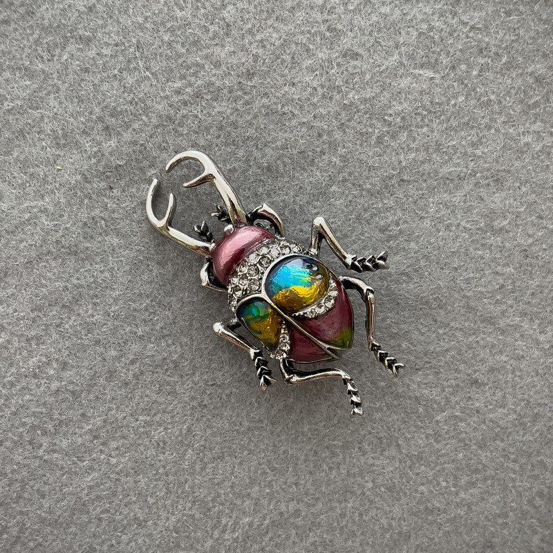 Brooch Beetle pink, yellow and blue enamel, with white rhinestones silver metal 58x34mm+